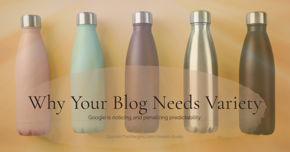 Blog Content Variety title image. 5 water bottles that are similar in shape and size and only vary in color.