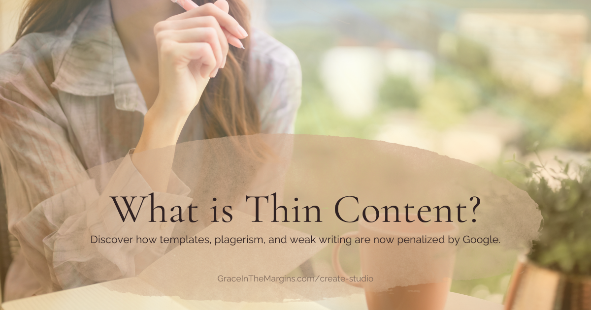 a woman writing and thinking about the question, what is thin content