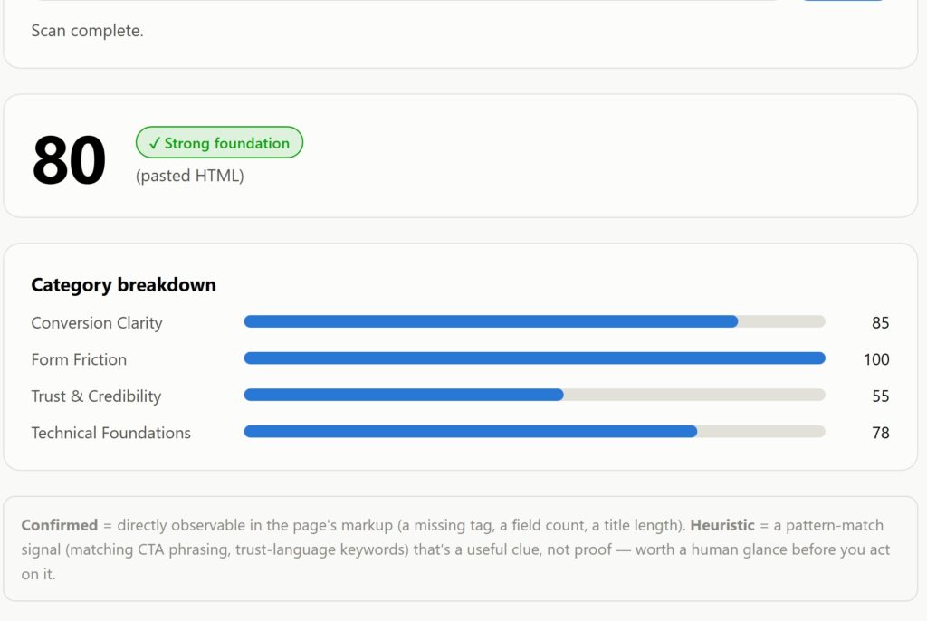 Screenshot of the free landing page scanner showing a conversion score and a list of wins, problems, and next steps.